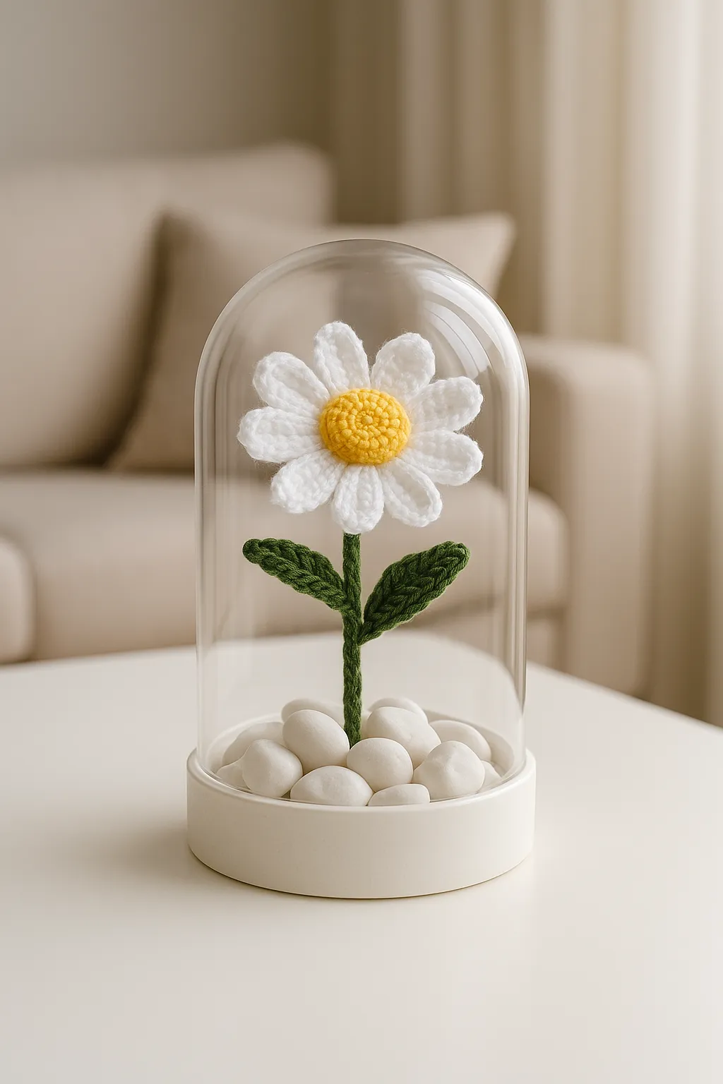 Hand-knitted Daisy in a Plastic Cloche