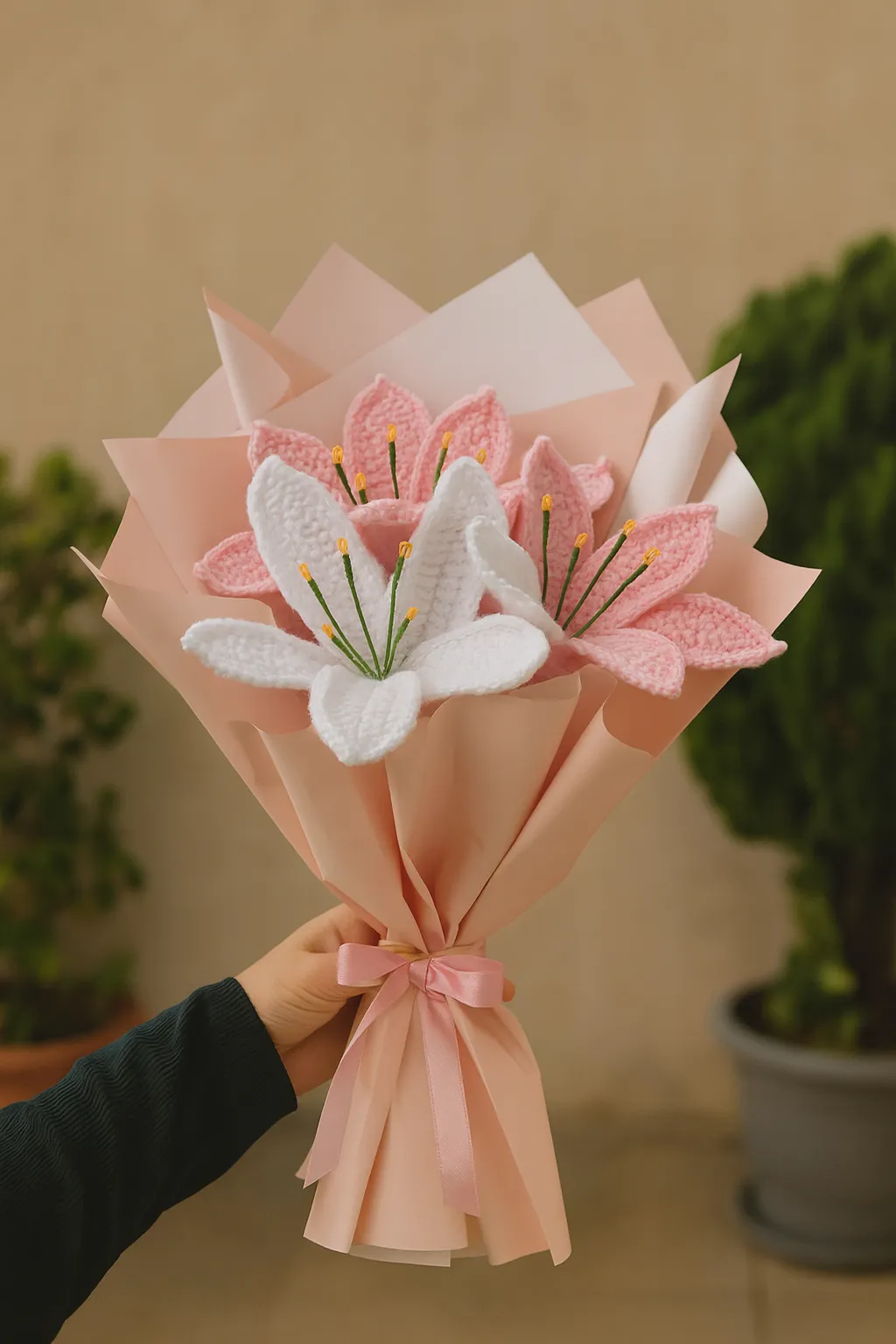El Yapımı Pembe & Beyaz Lilyum Buketi