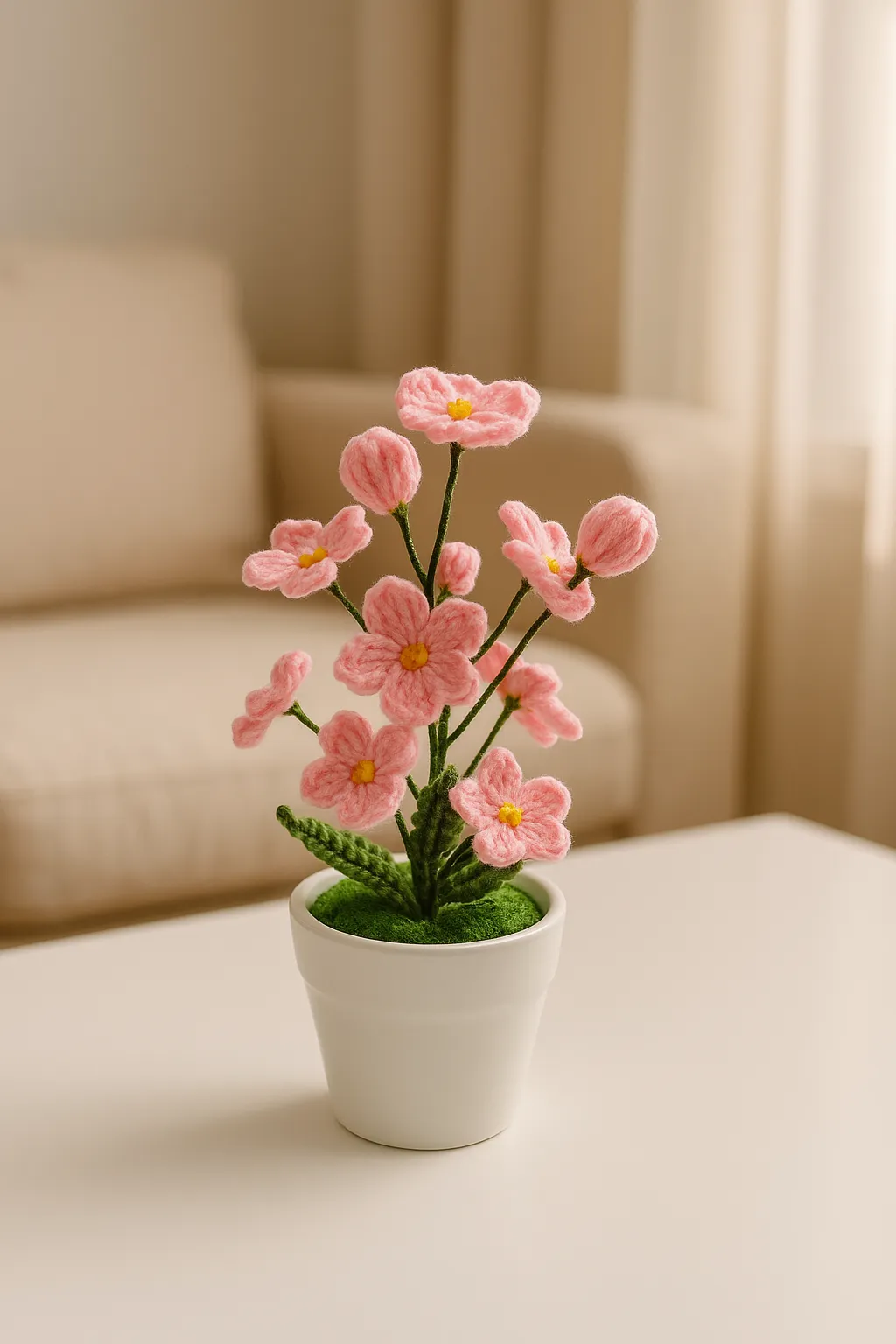 Handmade Crochet Pink Forget-Me-Not Flower Decorative Potted Flower