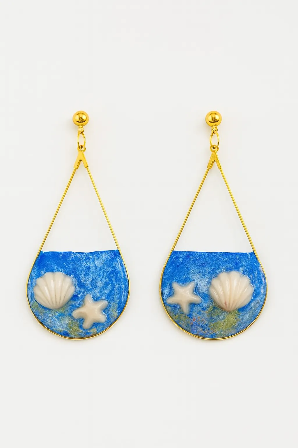 Blue Seashell Handmade Earrings - Bohemian Style Jewelry with Gold Details