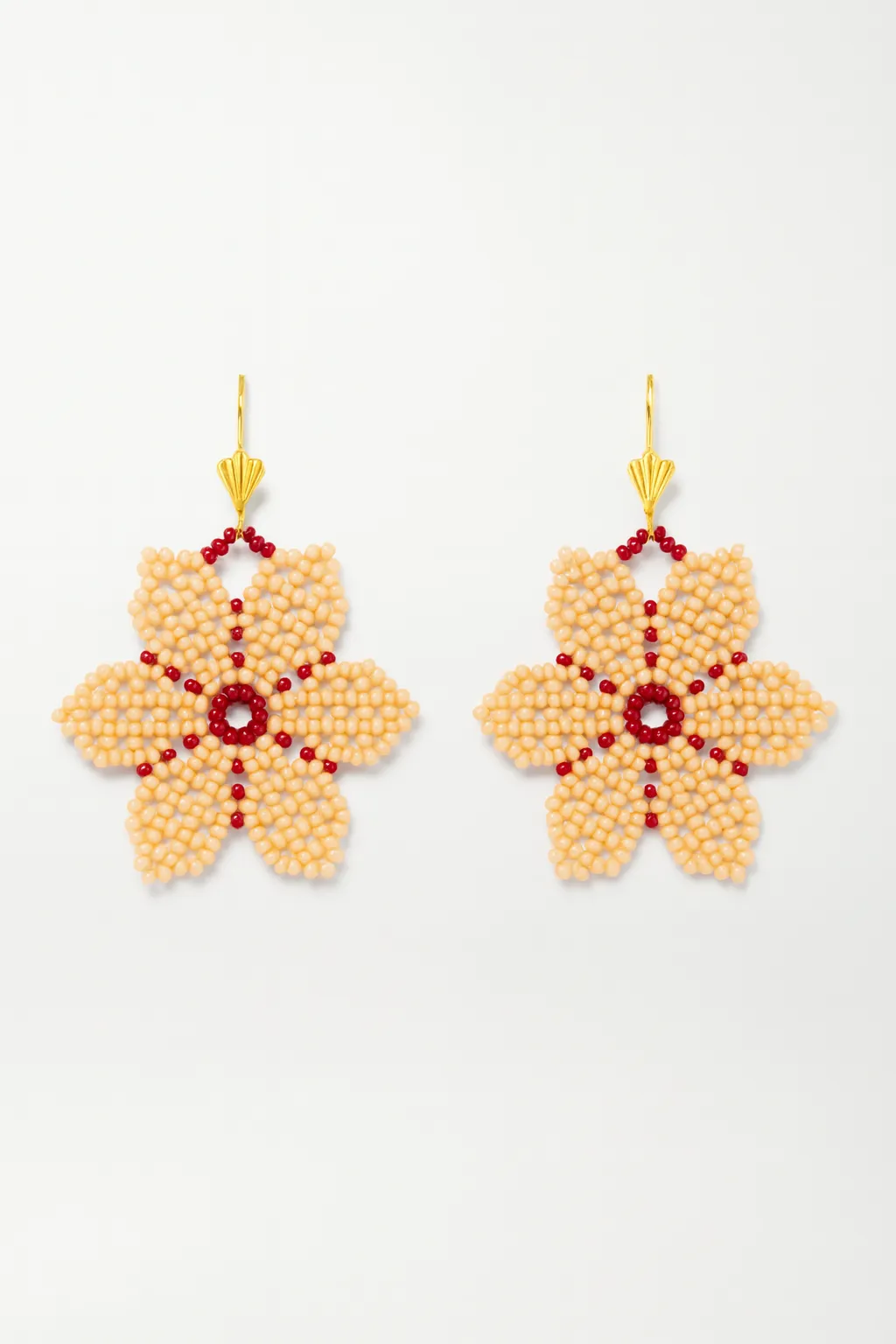 Bej ve Bordo Miyuki Boncuk Küpe - Çiçek Desenli El Yapımı