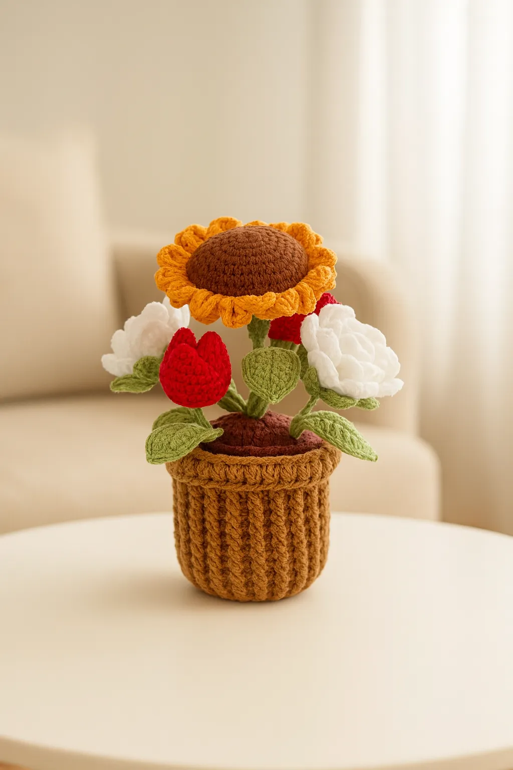 Cotton Yarn Knitted Sunflower Tulip Rose Bouquet Pot - Handmade