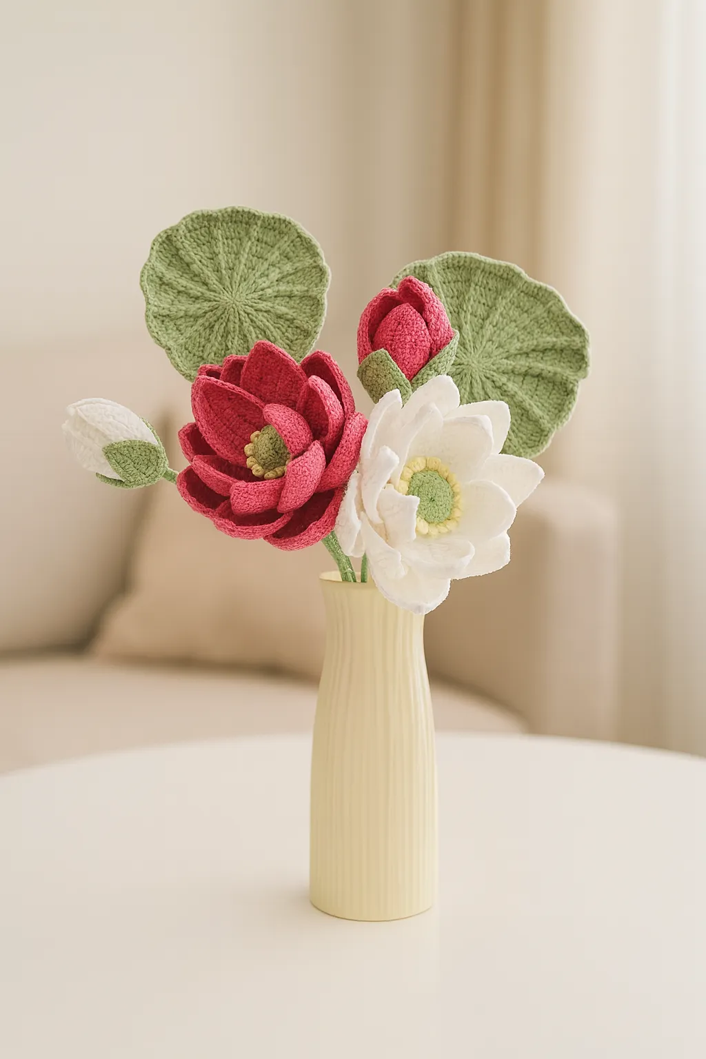 Örgü Lotus Çiçek Buketi - Pembe, Beyaz ve Yeşil - El Yapımı