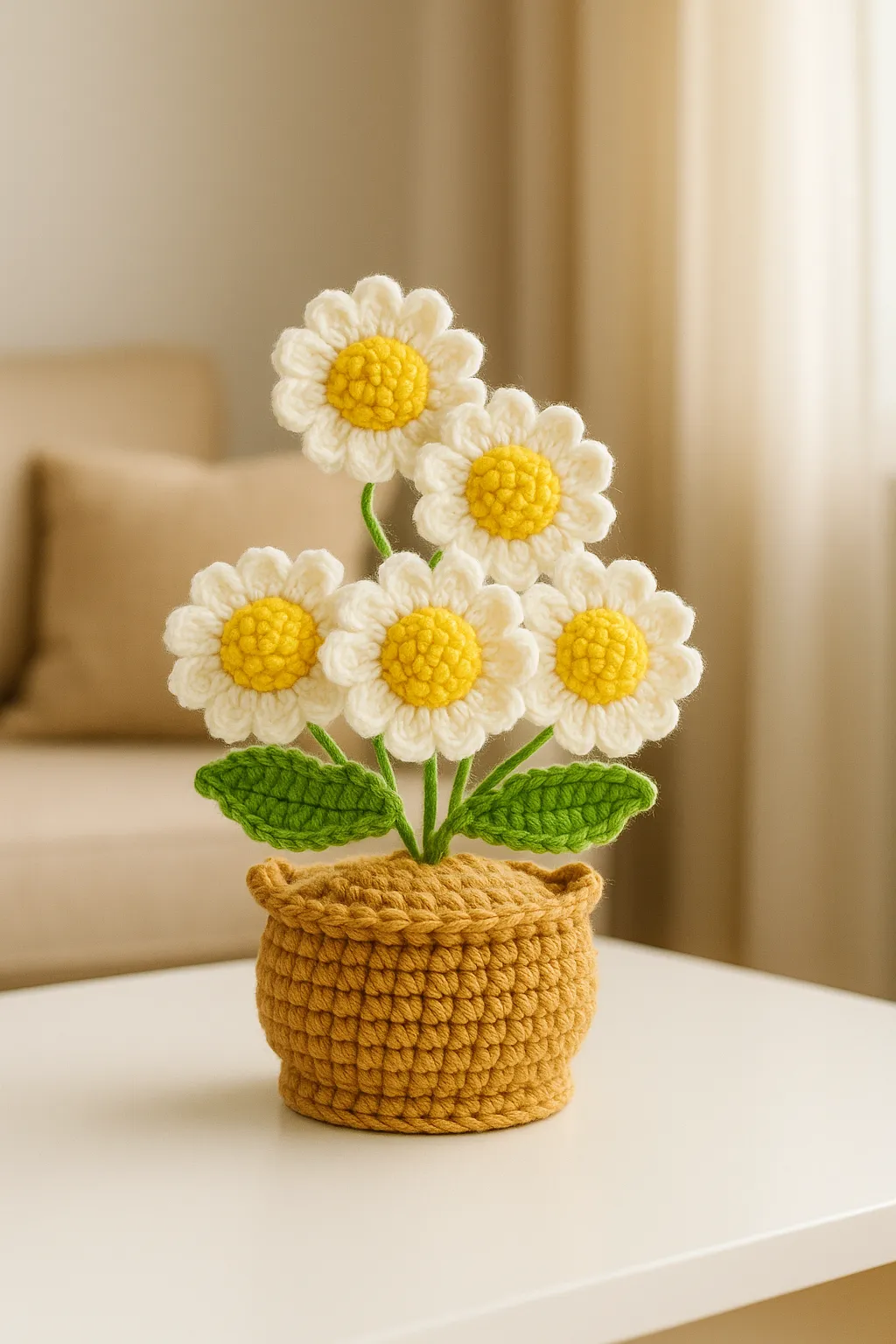 Yellow Potted White Daisy Bouquet - Crochet Decorative Flower