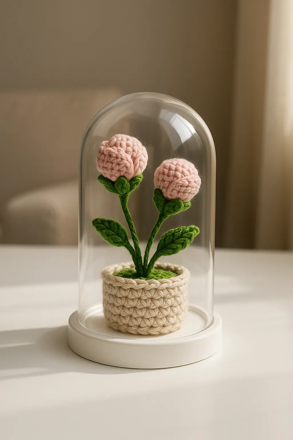 Fanus İçinde Pembe Gül - Örgü Saksılı Dekoratif El Yapımı Çiçek