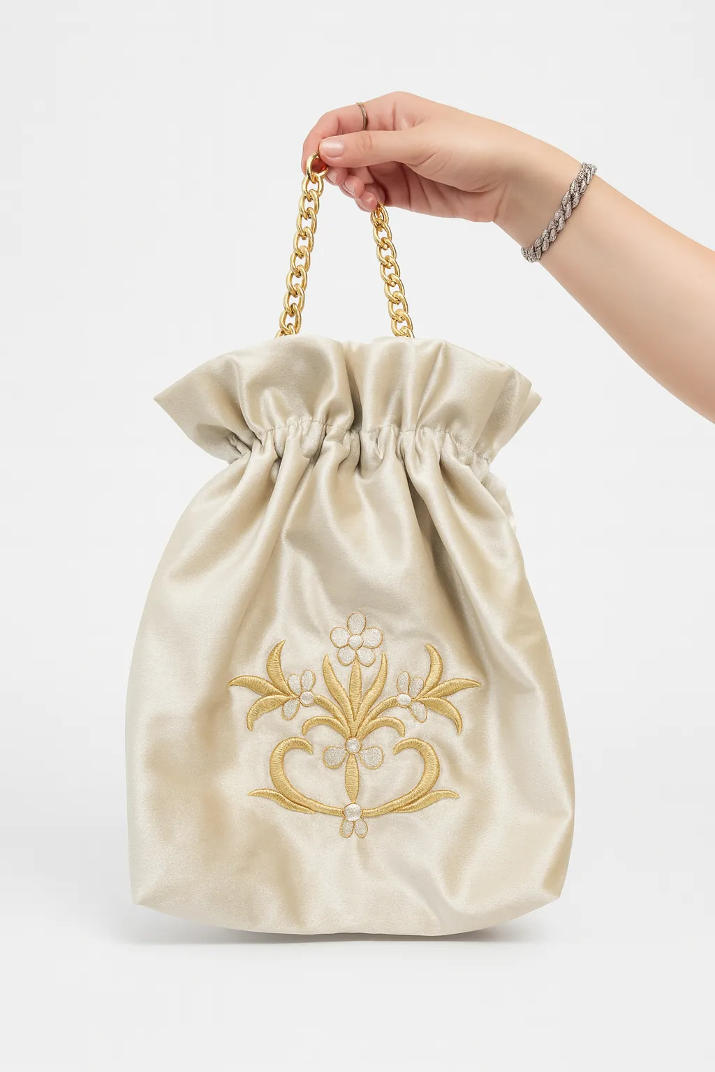 İpek Görünümlü Kadife İşlemeli Zincir Saplı Çanta