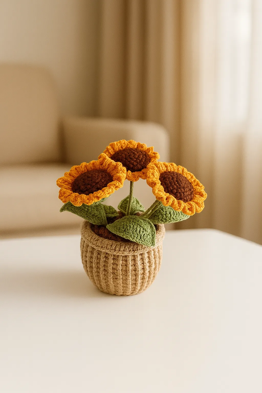 Crochet Knitted Sunflower Pot - Decorative Handmade Flower Arrangement