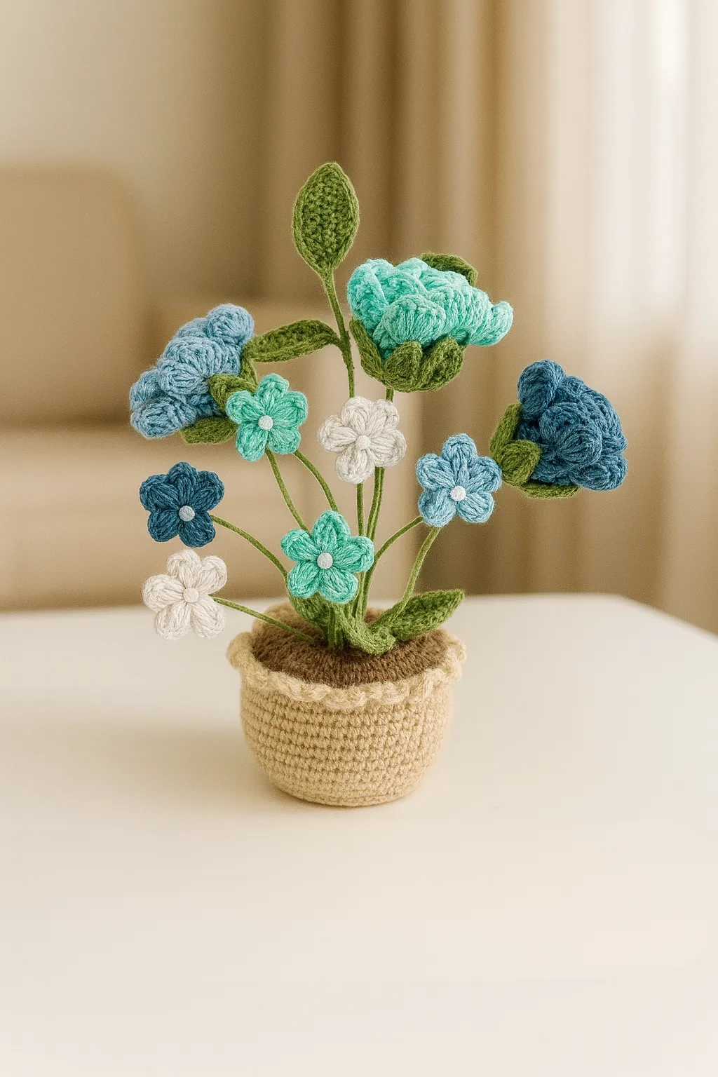 Knitted Blue Rose Pot - Handmade Decorative Flower Arrangement