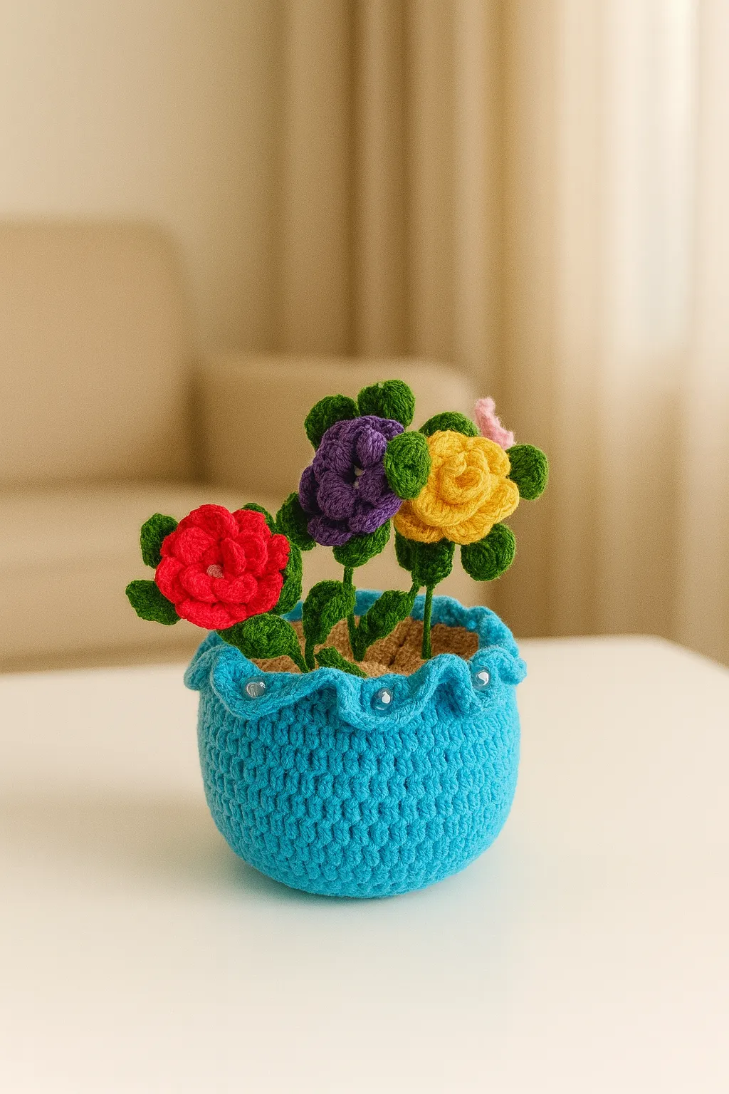 Knitted Flower Bouquet - Colorful Handmade Decorative Flowers in Blue Pot