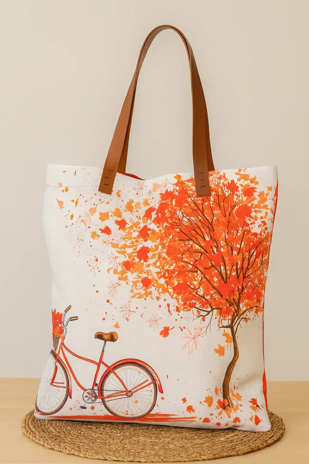 Sonbahar Bisiklet Temalı Deri Kulplu Tasarım Çanta