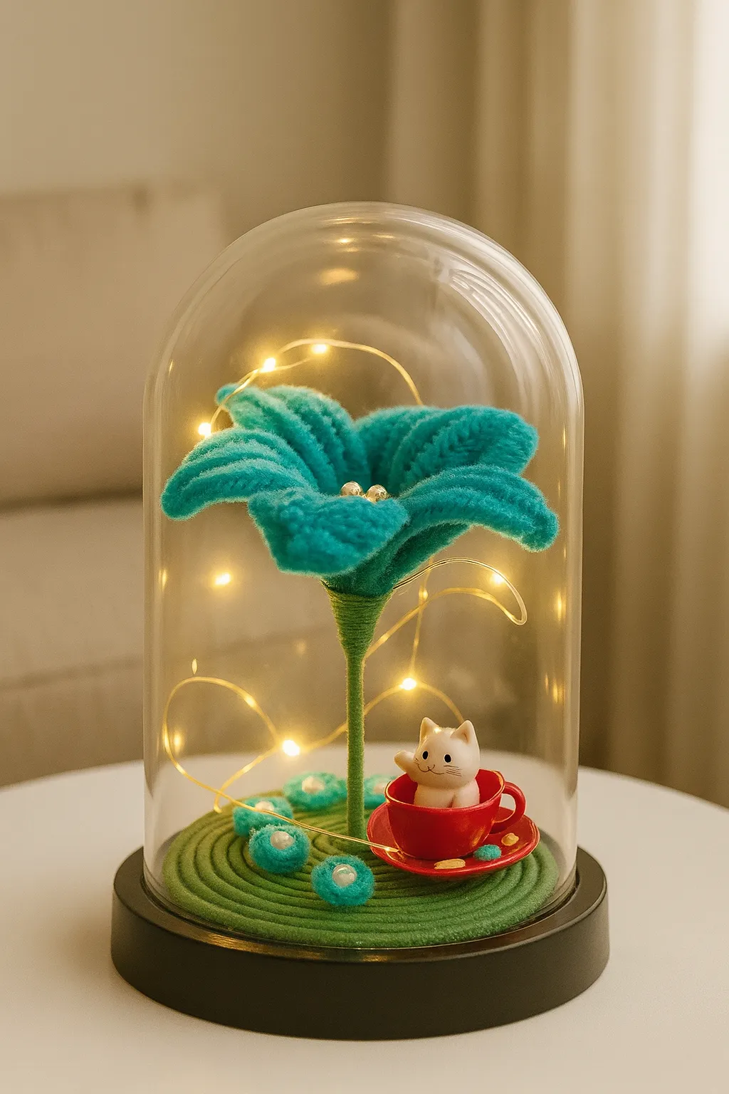 Chenille Blue Water Lily Flower Lighted Globe - Handmade Gift