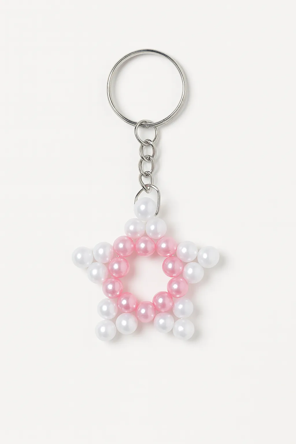 Handmade Beaded Star Keychain - Pink & White
