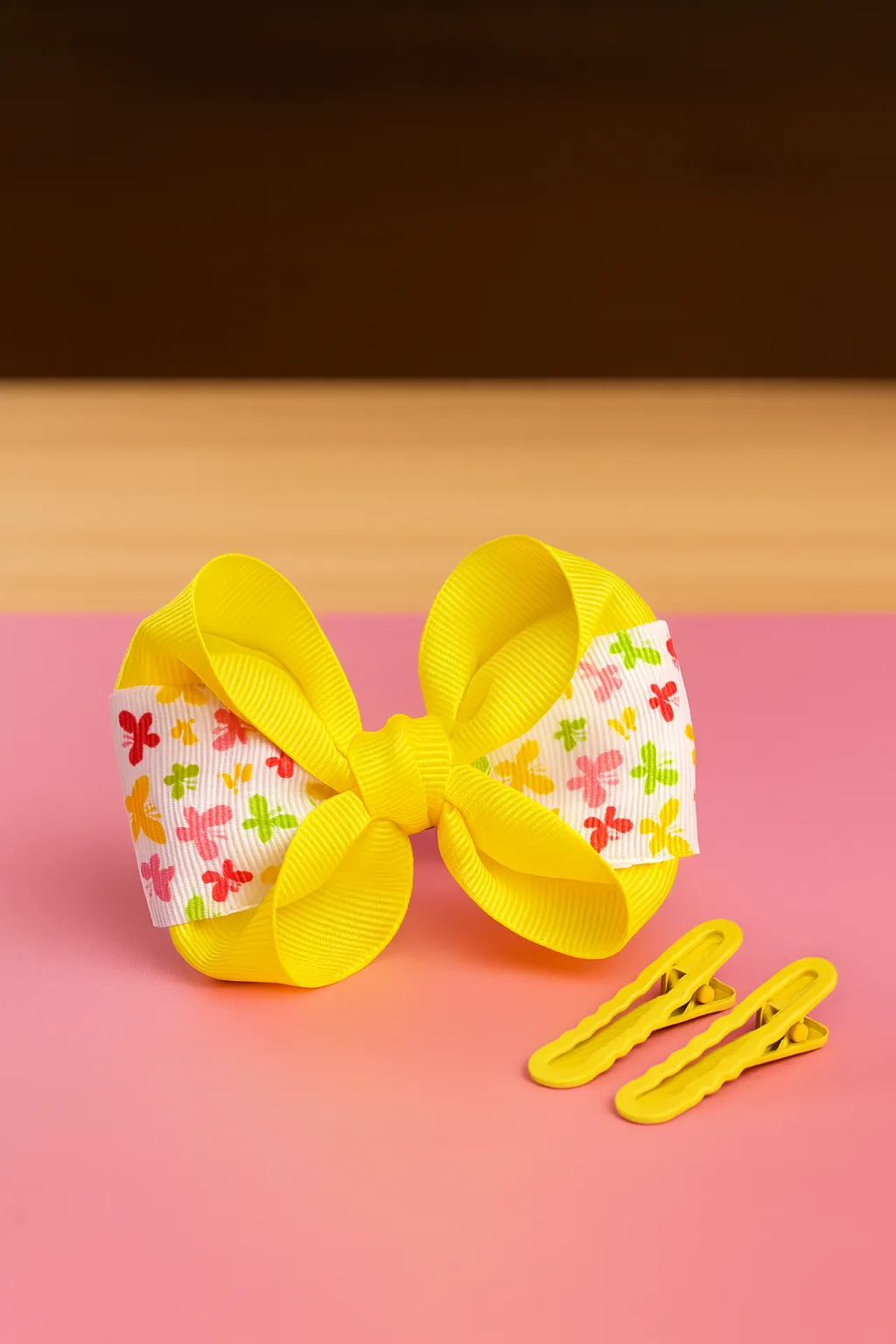 Sarı Çiçek Desenli Kurdele Fiyonk Toka Seti