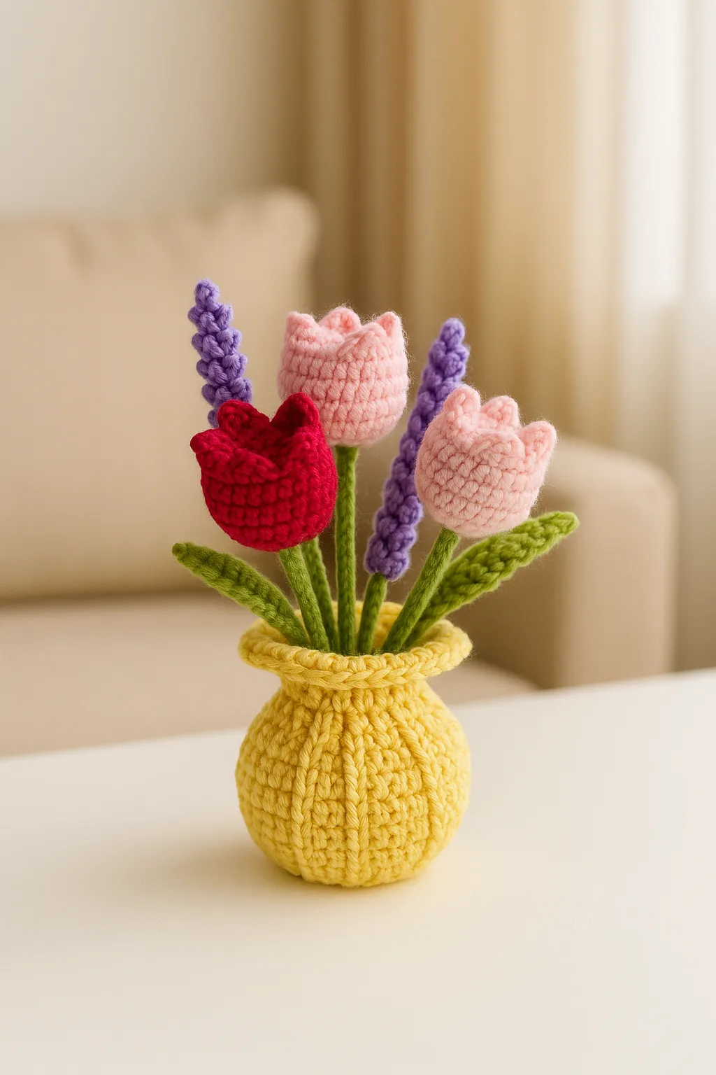 Sarı Vazoda Renkli Örgü Lavanta ve Lale Buketi Dekoratif Çiçek