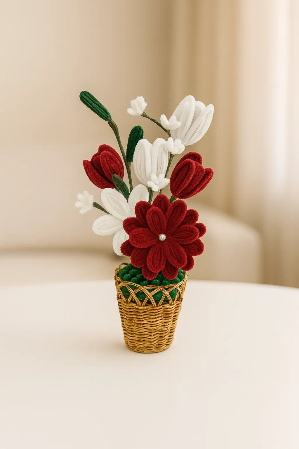 Masal Kızılı Şönil Çiçek Aranjmanı - Hasır Saksıda El Emeği