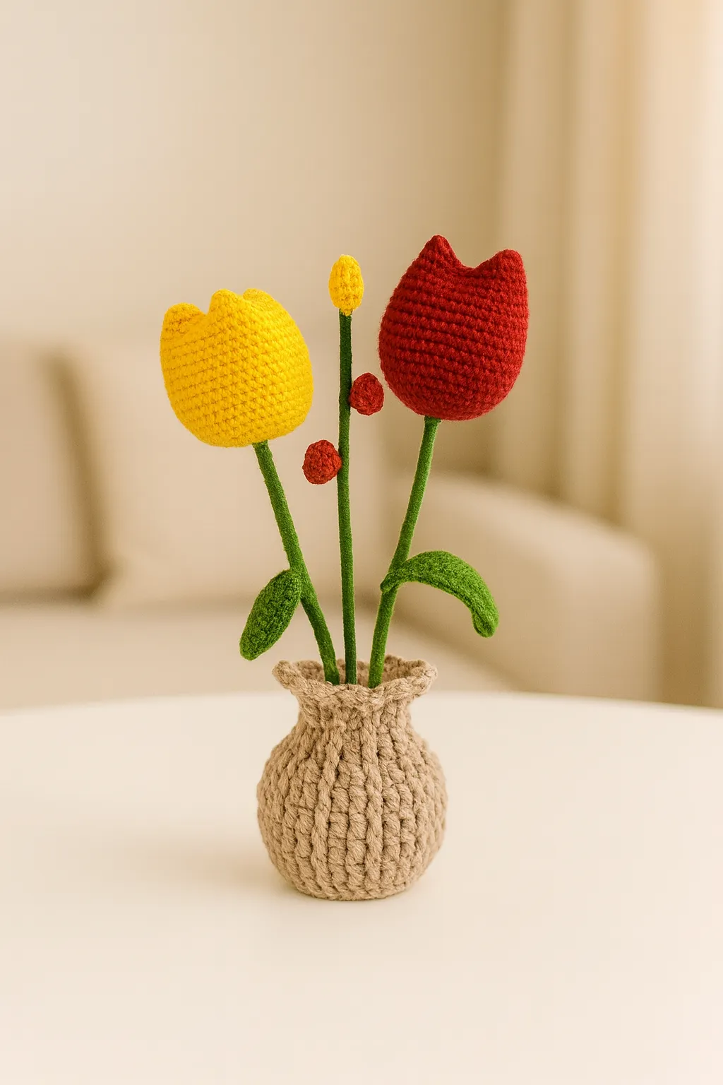 Sarı ve Kırmızı Örgü Laleler Bej Vazo İçinde - El Emeği Dekoratif Çiçek