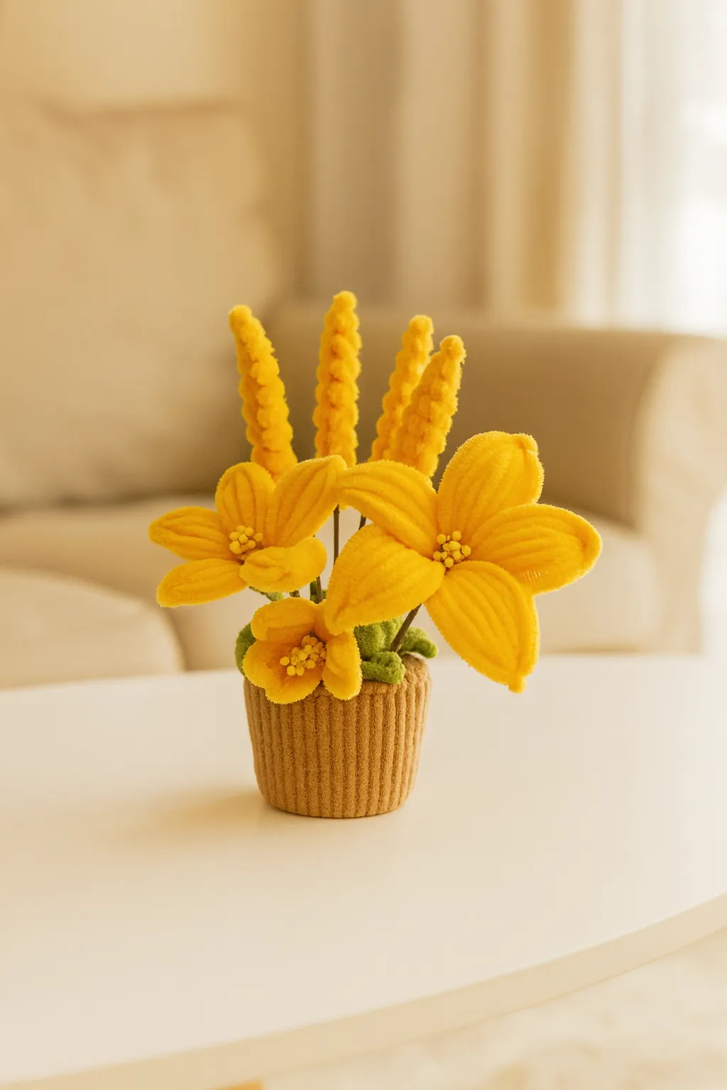 Şönilden El emeği sarı zambak ve lavanta çiçek arajmanı