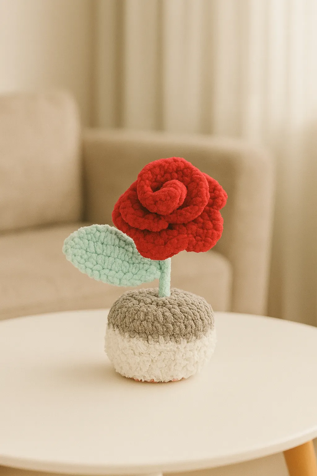 Kırmızı Peluş Gül - Gri Beyaz Saksıda, Dekoratif El Emeği Çiçek