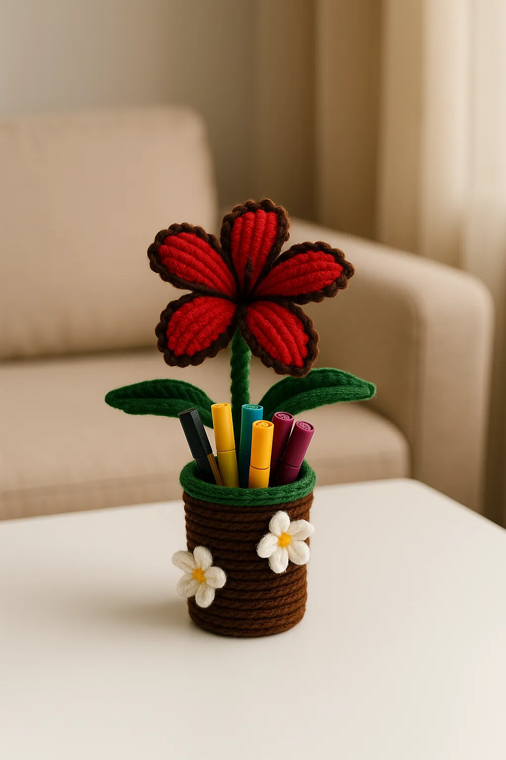 Kırmızı Şönil Çiçekli El Yapımı Kalemlik - Masaüstü Organizer
