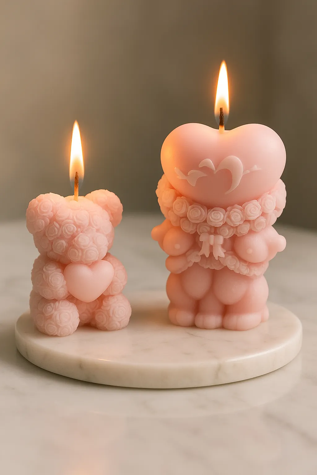 Pembe Dekoratif Figür Mum Seti – Kalpli ve Ayıcık Tasarım