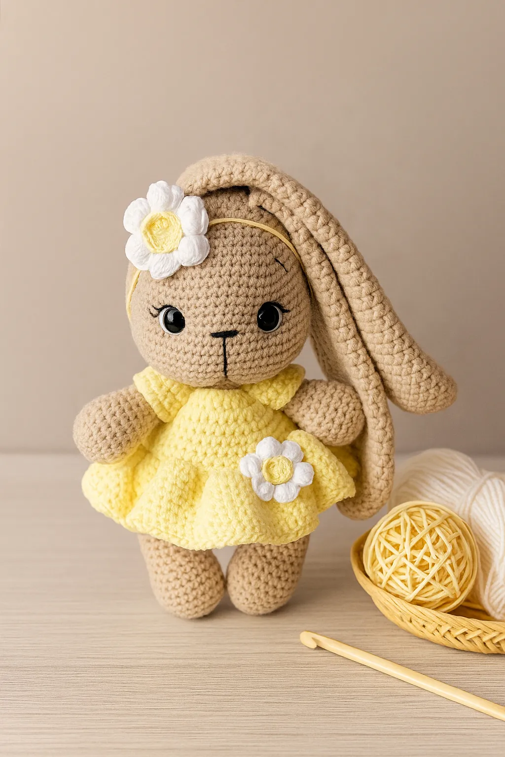 Örme Oyuncak Tavşan Bebek - Sarı Elbiseli Uzun Kulaklı Amigurumi
