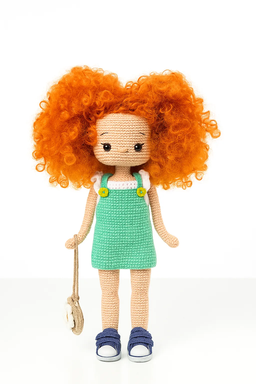 Amigurumi Kıvırcık Saçlı Oyuncak Bebek – El Yapımı Turuncu Saçlı Model (38 cm)