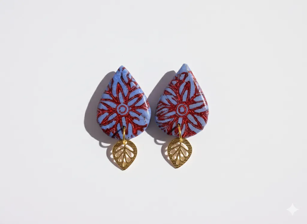 Mavi ve Kırmızı Çiçek Motifli Yaprak Küpe