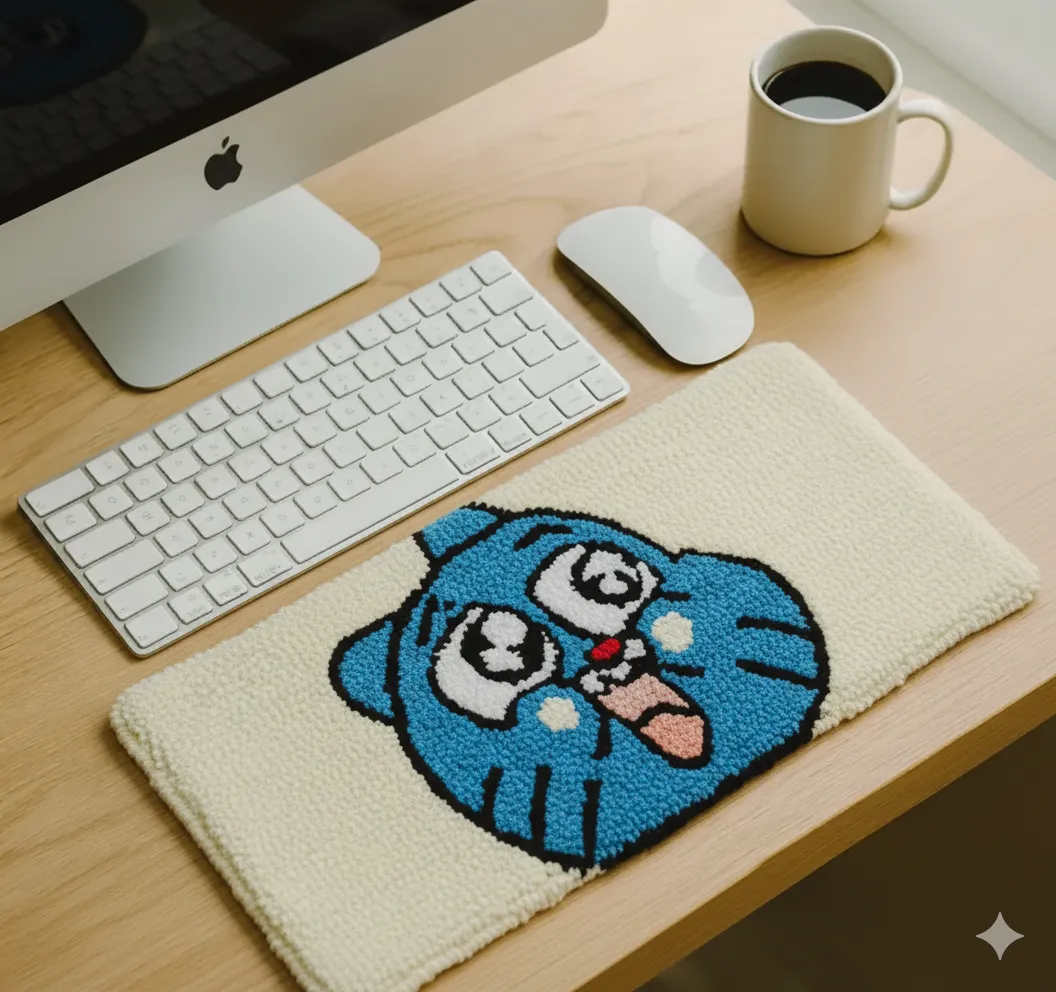 Mavi Gumball Karakterli El Yapımı Tufting Klavye Altlığı Halısı