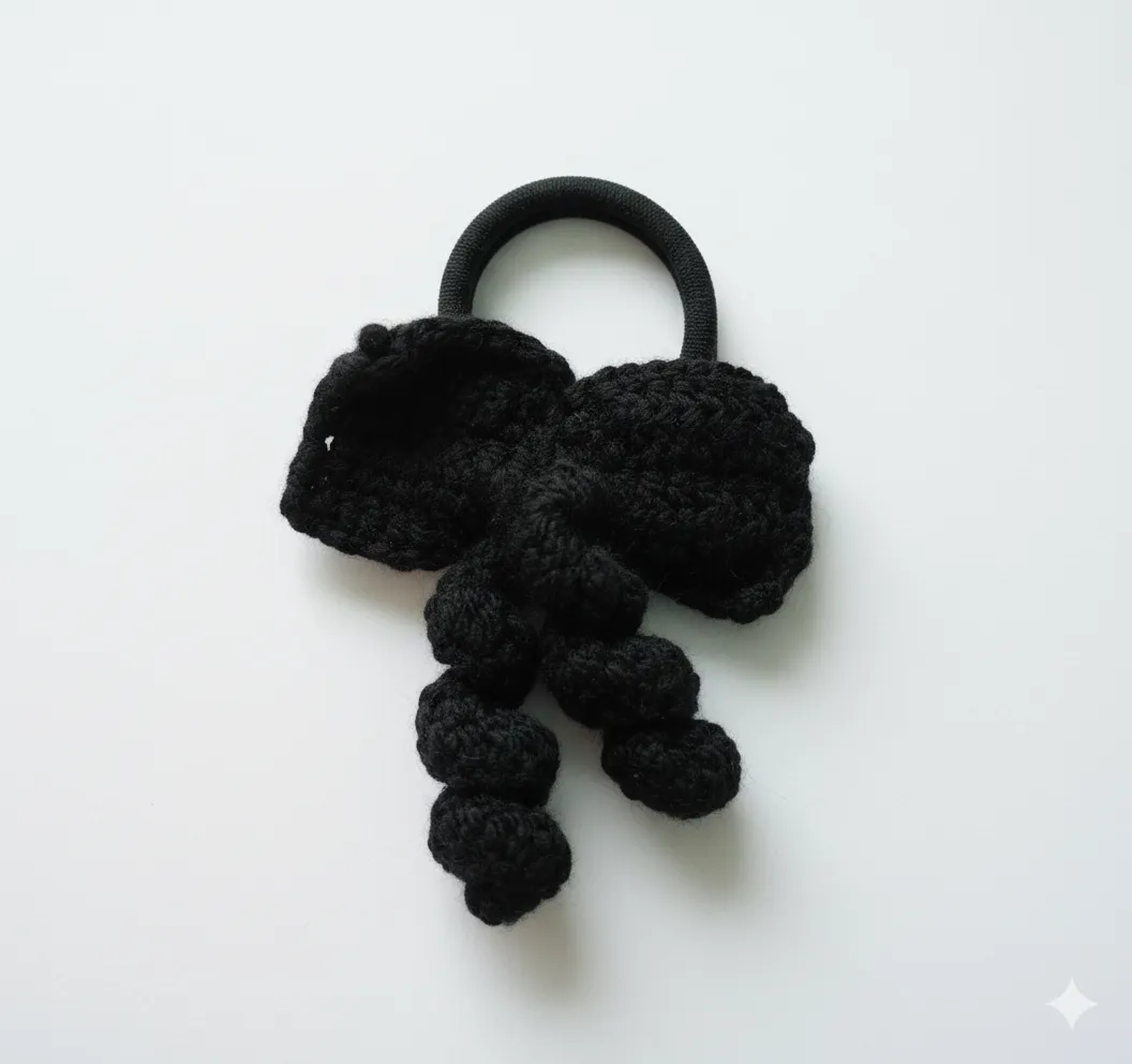 El Yapımı Siyah Örgü Fiyonk Saç Lastiği