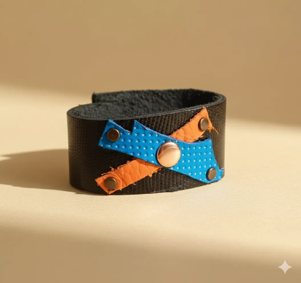 El Yapımı Hakiki Deri Bileklik (Mavi & Turuncu Detaylı)