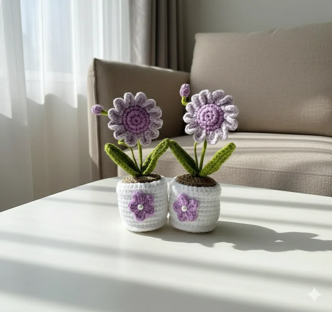 Örgü Lila Çiçek Saksıda Dekoratif Hediyelik - El Emeği (2 Adet)