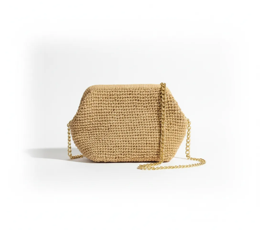 Kağıt İp Örgü Omuz Çantası - Astarlı, Zincir Detaylı, El Emeği