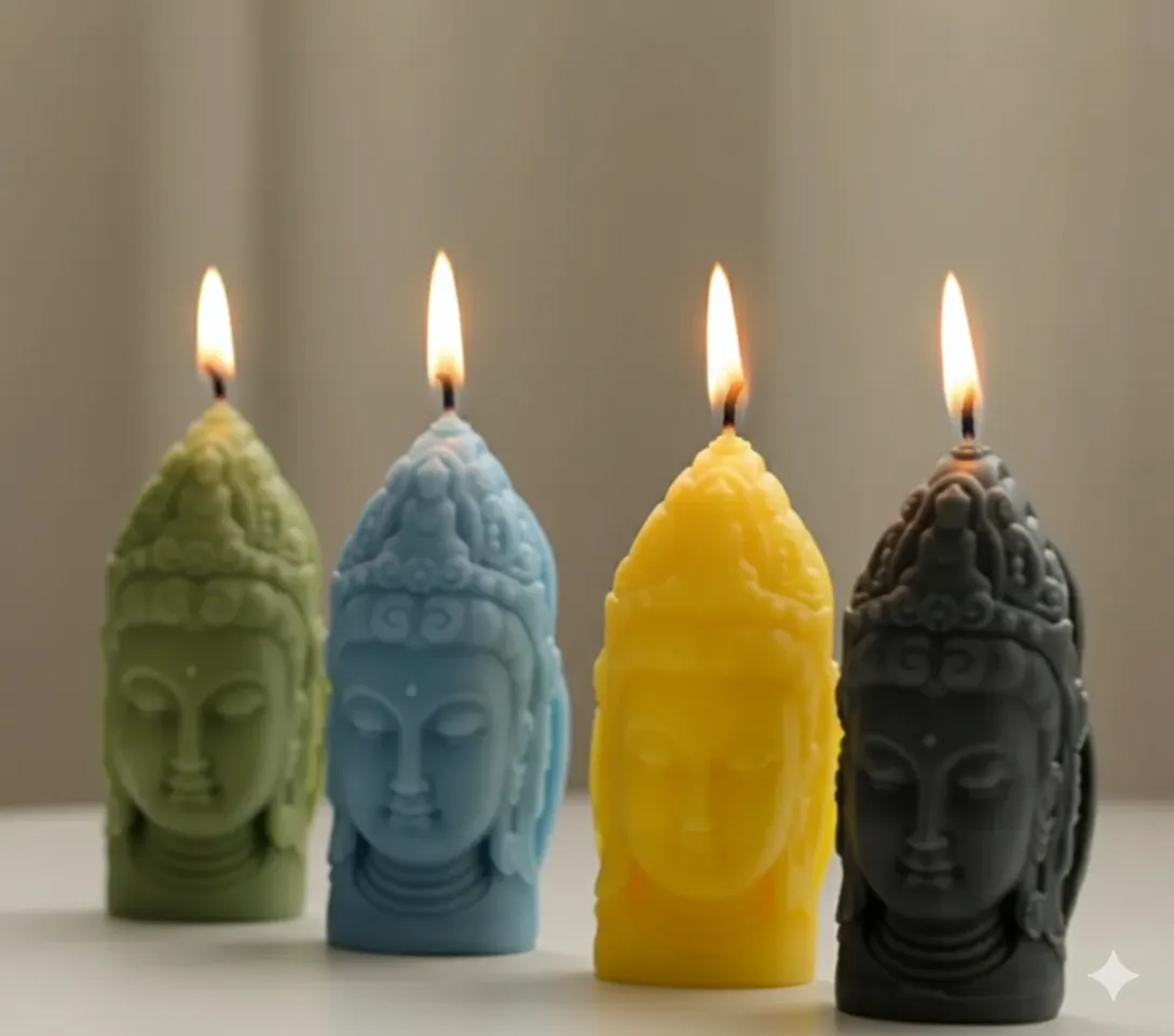 4'lü Set Buda Başları Dekoratif Mum | Mistik Konseptli Renkli Figür Mum Seti