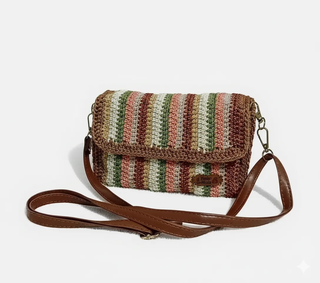 Çok Renkli Örgü Polyester İp Omuz Çantası - El Emeği