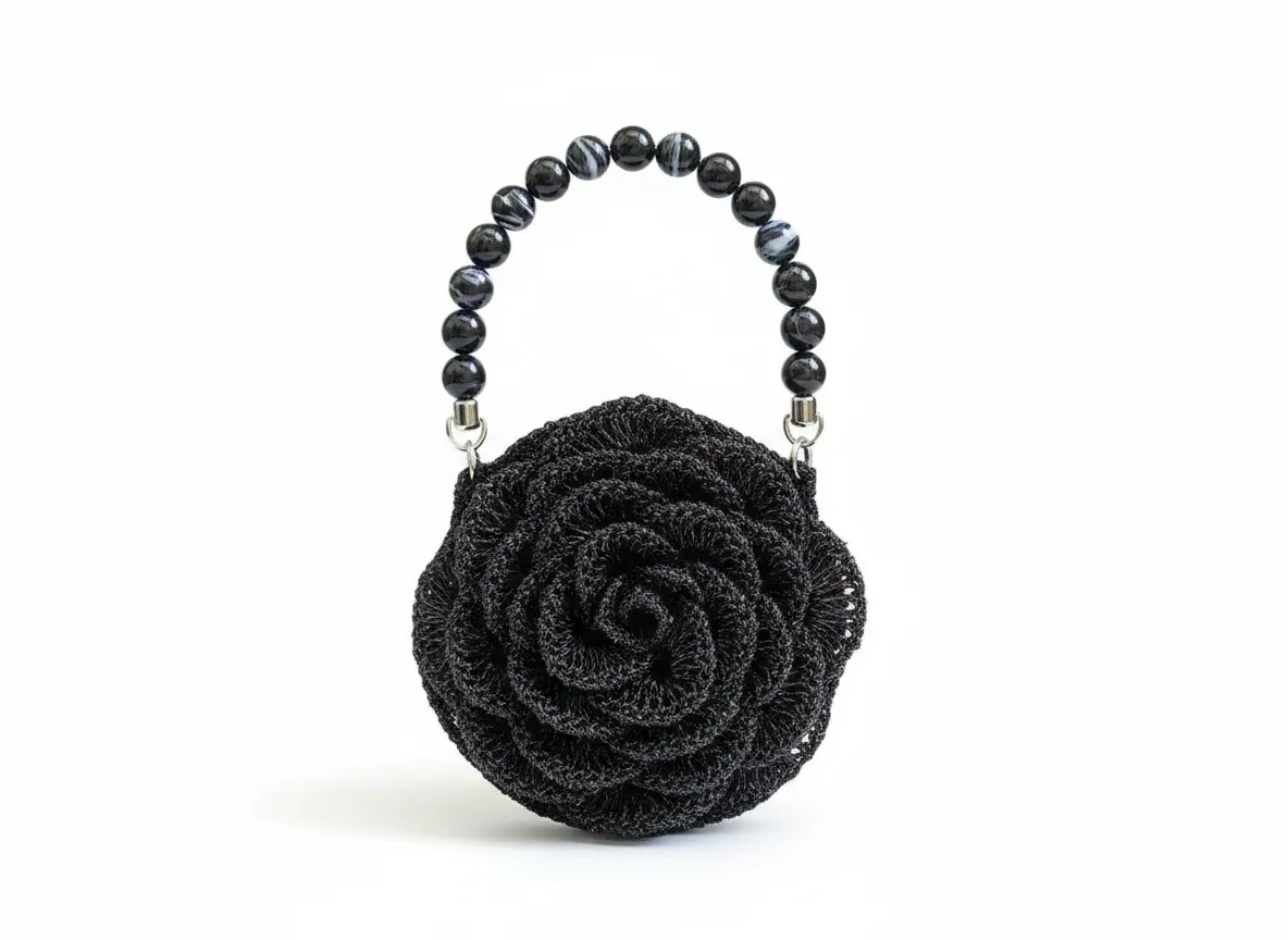 Şeffaf Kâğıt İp Gül Çanta - Astarlı, Abiye, Tığ İşi, Boncuk Detaylı