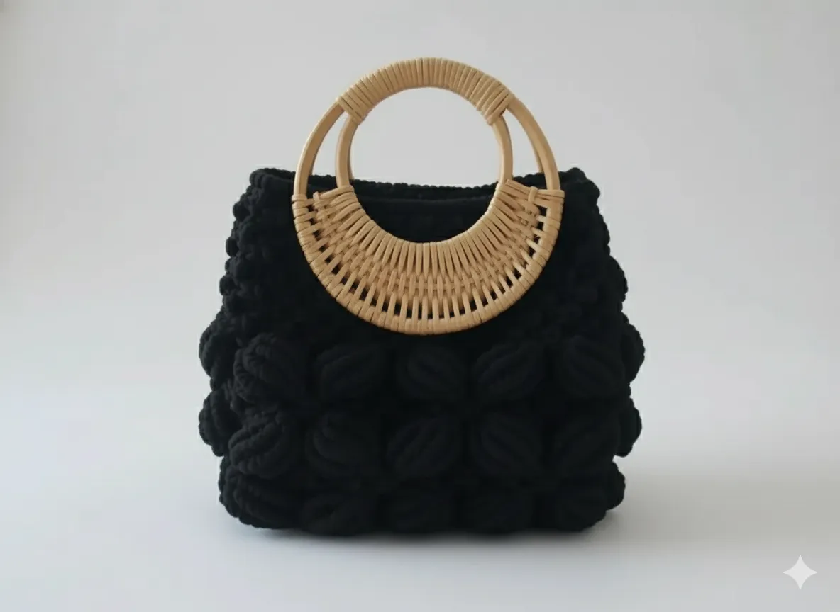 Siyah Makrome Örgü Omuz Çantası - Yuvarlak Ahşap Saplı El Çantası