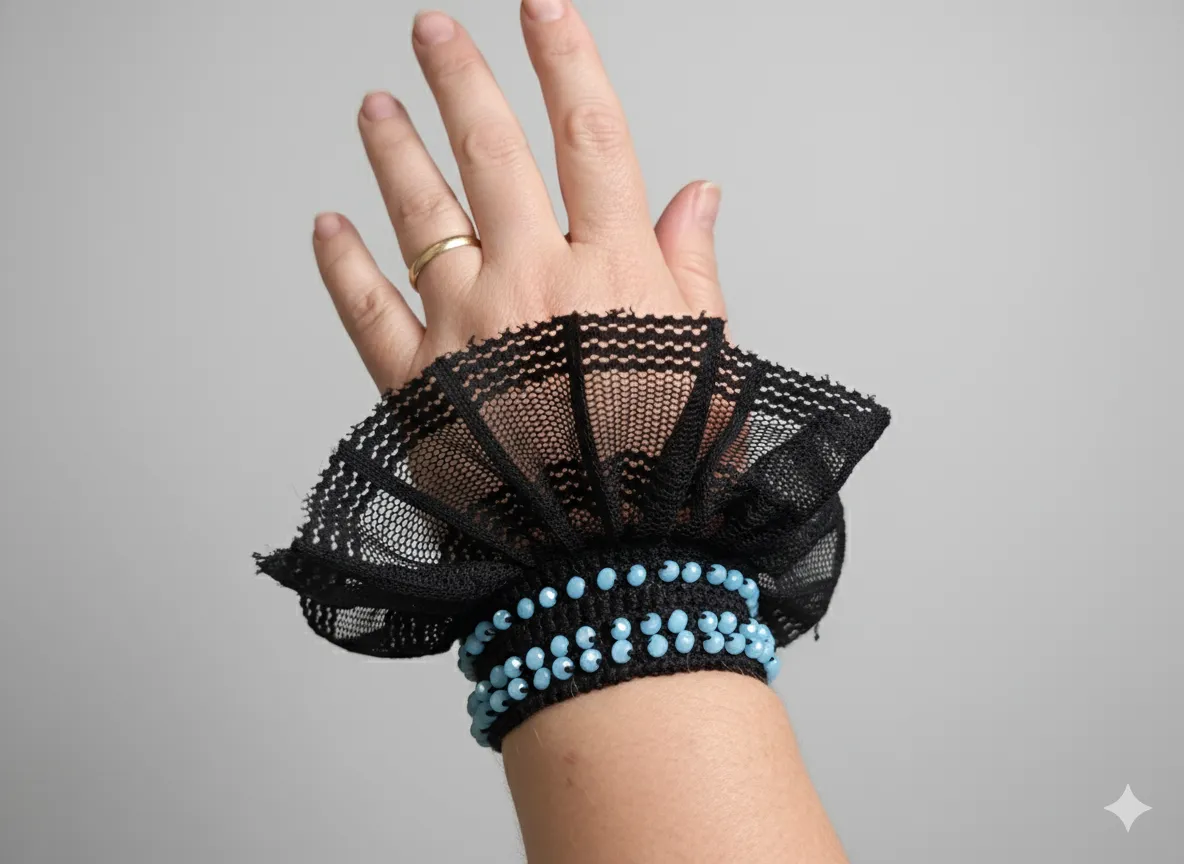 Siyah Tüllü ve Boncuk İşlemeli Bileklik