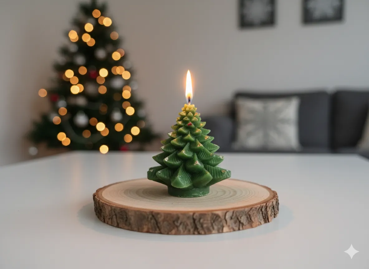 Küçük Çam Dekoratif Mum – Karlı & Gold Detaylı (Çikolata Kokulu)