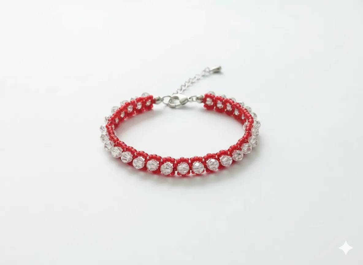 Kırmızı Kum Boncuk & Kristal Boncuk Bileklik
