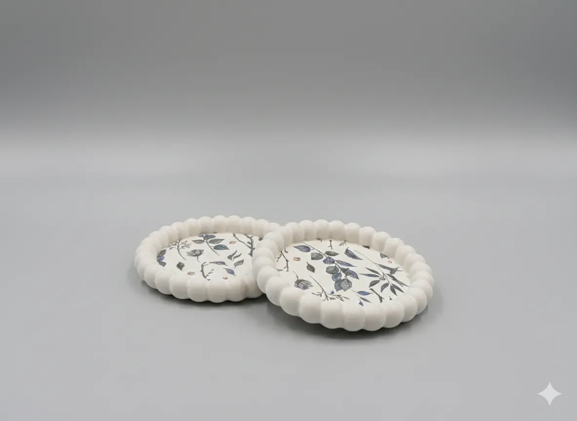 Çiçek Desenli Dekoratif Taş Tozu Sunumluk – 2’li Set