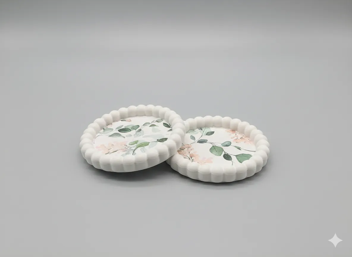 Çiçek Desenli Dekoratif Taş Tozu Sunumluk – 2’li Set (13 cm)