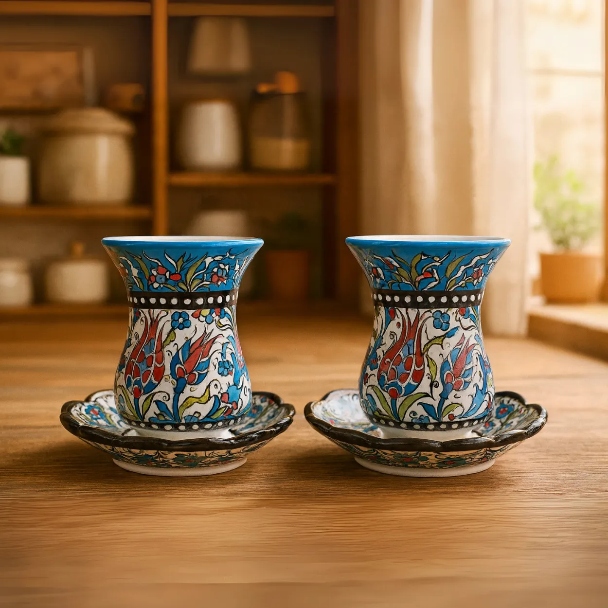 Çini Motifli 2’li Seramik Bardak Altlığı ve Bardak Seti