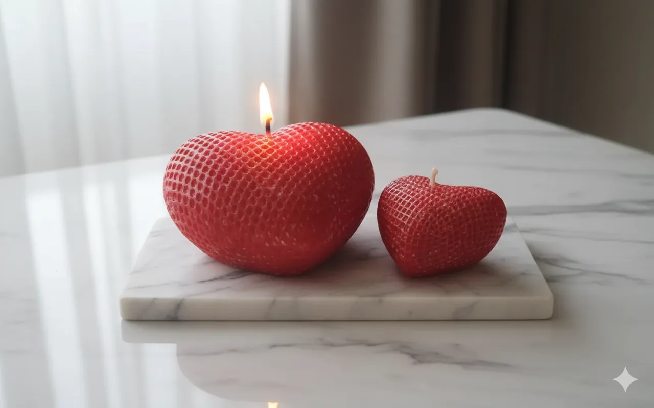 Kırmızı Japon Çiçeği Kokulu Kalp Şeklinde Dekoratif Mum Seti (2 Adet)