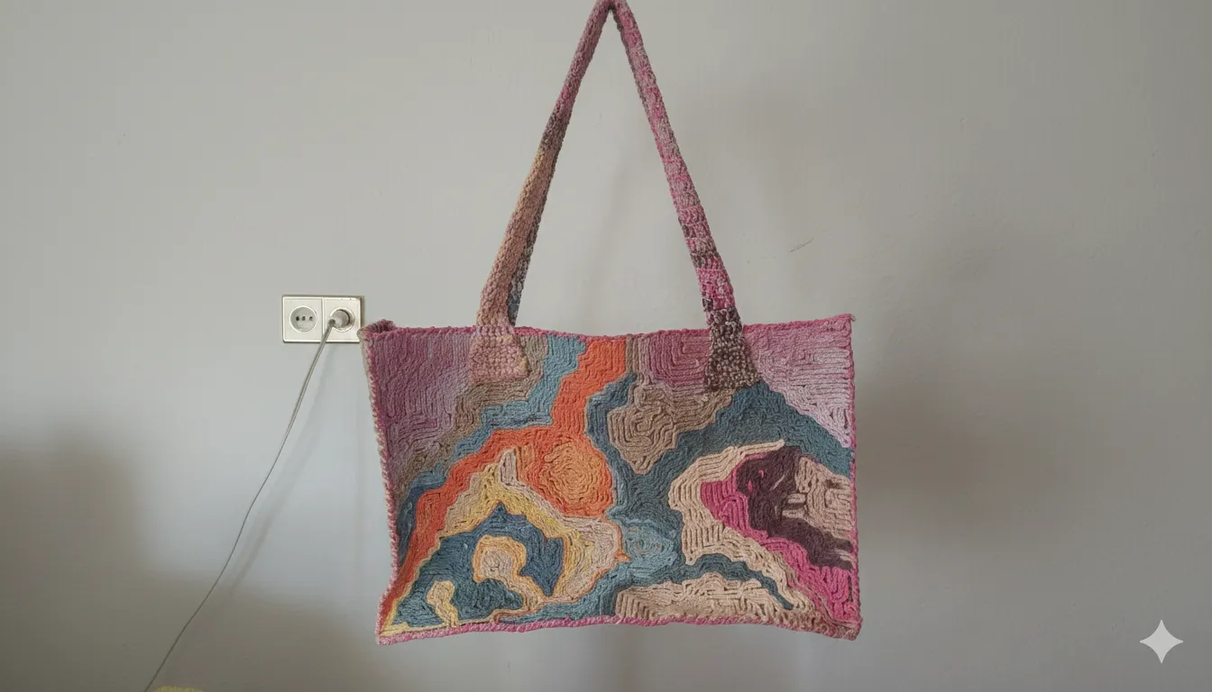 Çok Renkli Desenli Örgü Plaj Çantası - El Emeği Tasarım
