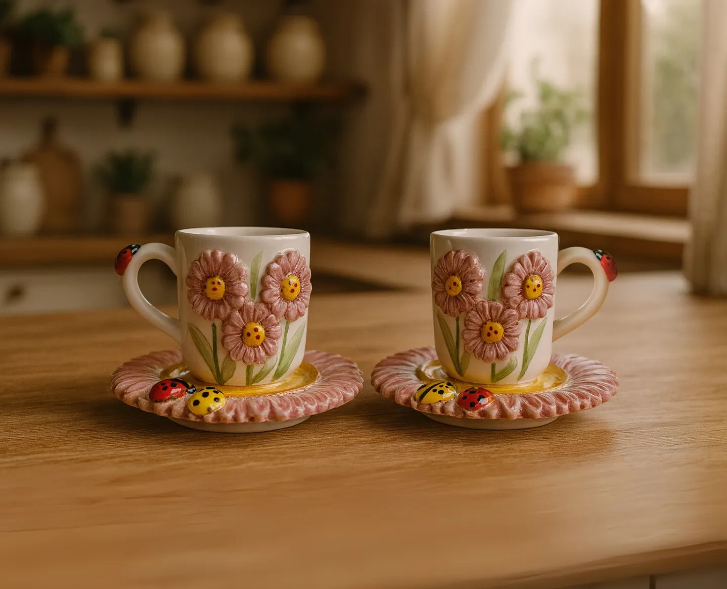 2 li Papatya Desenli  Kahve Fincanı