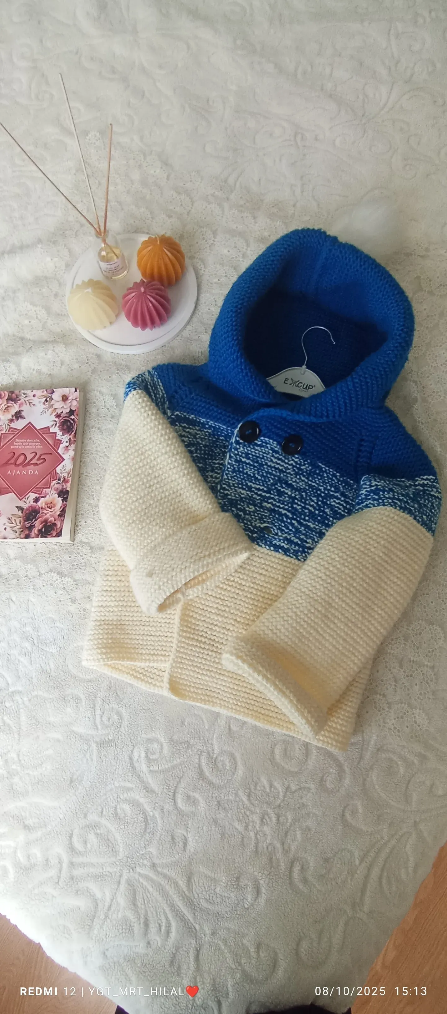 Mavi ve Krem Renkli Örgü Erkek Çocuk Hırka Ceket - Çift Katlı