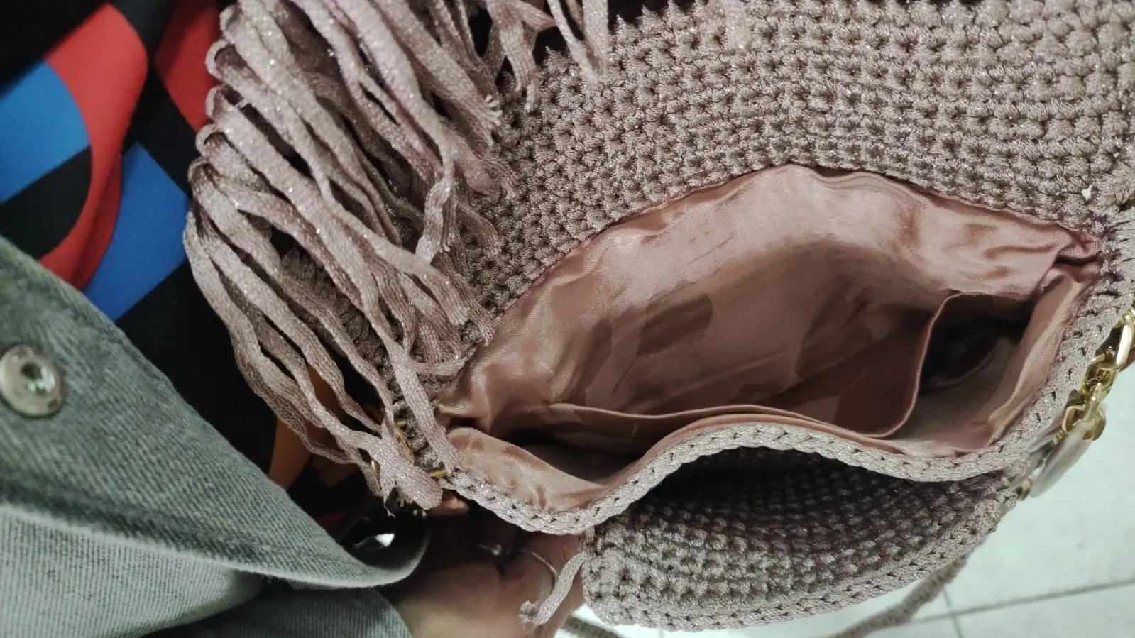 Simli Makrome Püsküllü Omuz Çantası - Pudra ve Kahverengi Detaylı