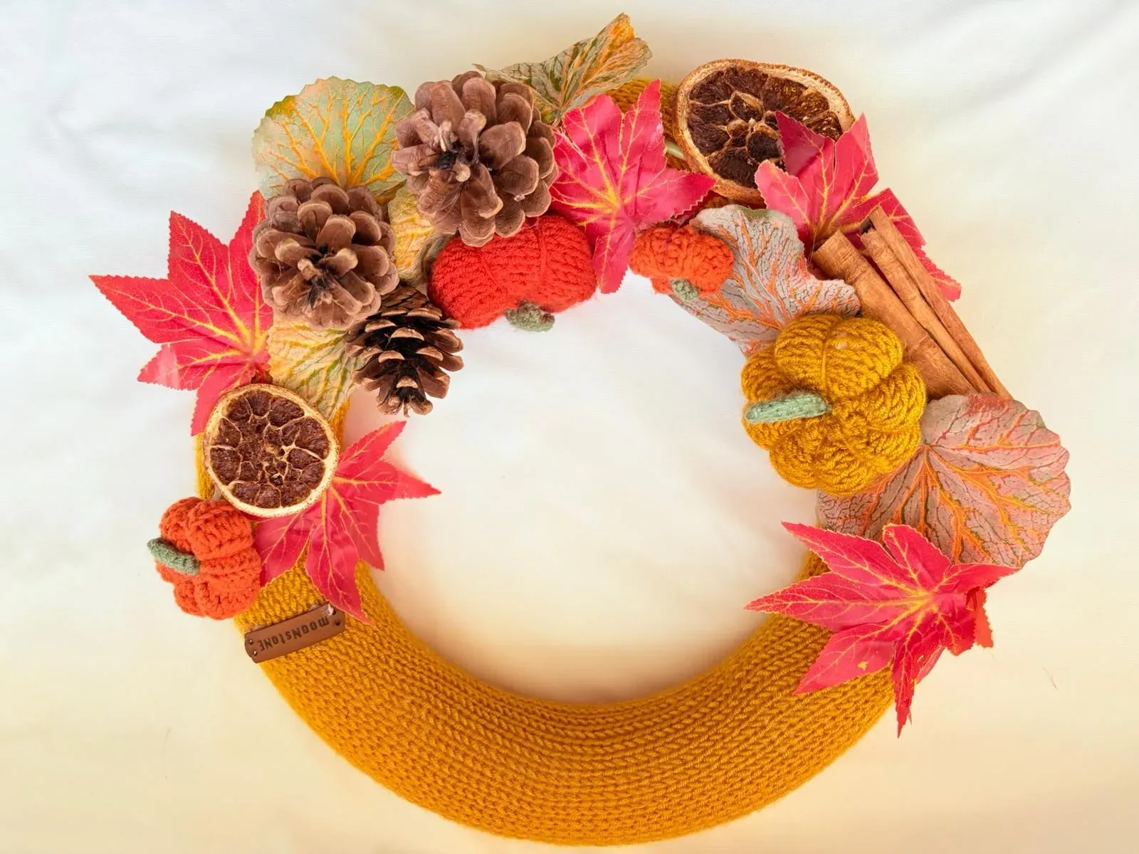 Knitted Pumpkin Autumn-Themed Door Wreath - Yellow Ring