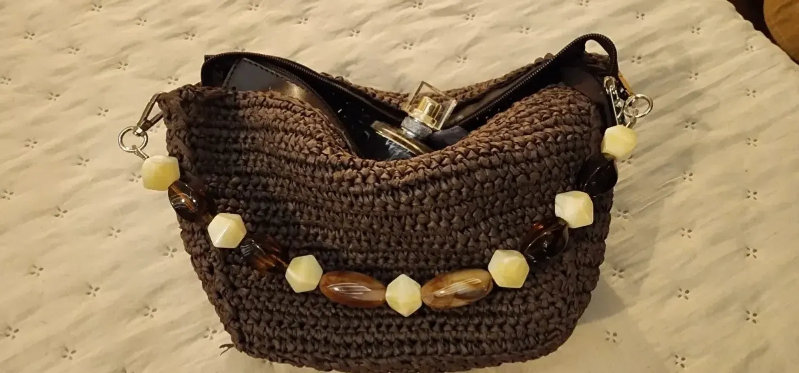 Acı Kahve Zara Model Kağıt İp Örgü Çanta - Boncuk Detaylı