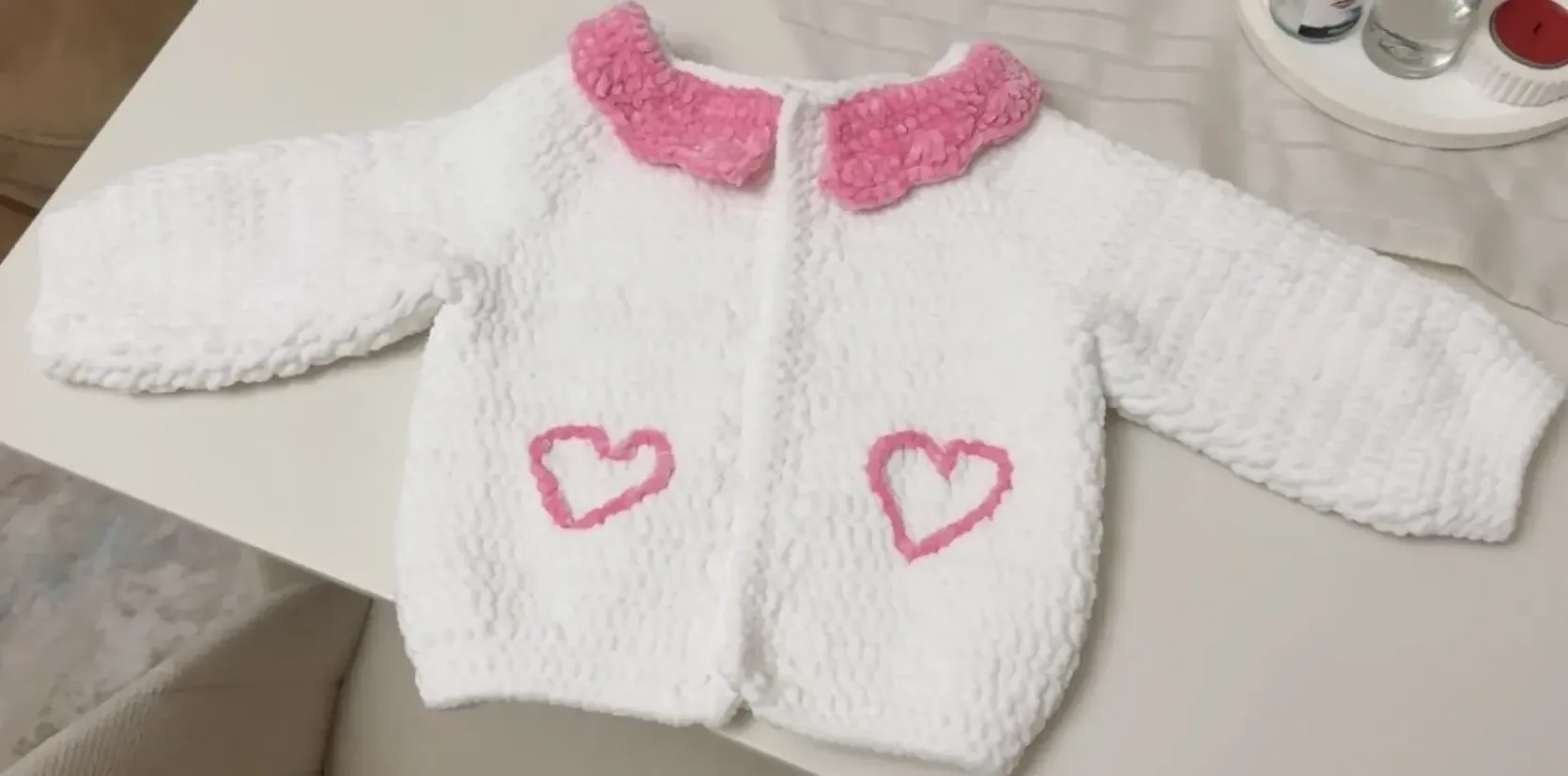 White Velvet Knitted Baby Cardigan - Pink Heart Detail, Handmade